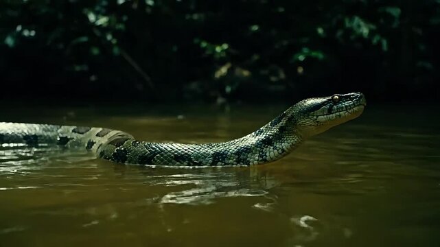 Majestic python glides through murky jungle water, its scales shimmering in the dappled light.