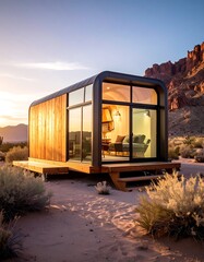 Modern, minimalist desert dwelling with expansive windows, wood siding, and a raised deck