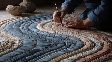 Artisan hands crafting a curved mosaic pattern with earthy blue and terracotta tiles in a rustic workshop.