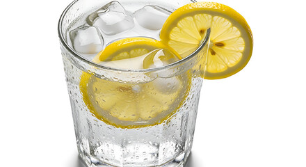 Refreshing glass of sparkling water with ice cubes and lemon slices isolated on white background