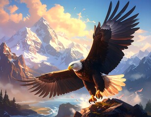Majestic bald eagle in flight over a serene mountain landscape at sunset