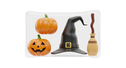 Pumpkins, hat and broom in a container