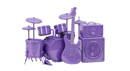Purple drum set and guitar with speakers