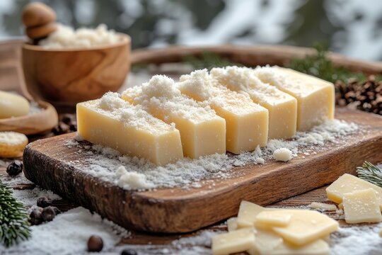 Pile of cheese on wooden cutting board. - Powered by Adobe