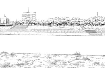 漫画風ペン画イラスト　河川敷