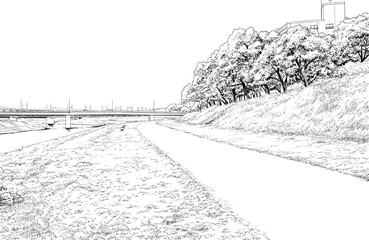 漫画風ペン画イラスト　河川敷