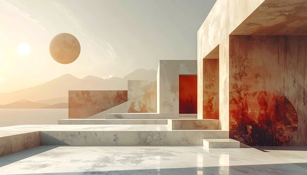 Minimalist architecture, sunlit marble structures against a mountain backdrop and two celestial bodies