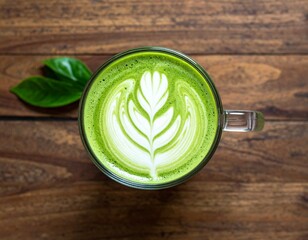 ラテアートが描かれた抹茶ラテのクローズアップ