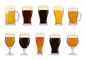 Ten cartoon beer glassesmugs filled with beer and topped with foam are arranged in two rows