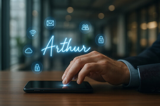 Digital Interaction: An executive's hand delicately interacts with a smartphone, surrounded by a network of holographic icons, symbolizing communication and technology in a corporate environment. 