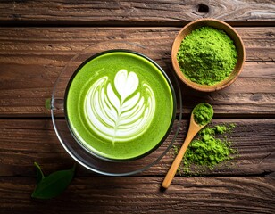 抹茶ラテと抹茶パウダー、和カフェの雰囲気