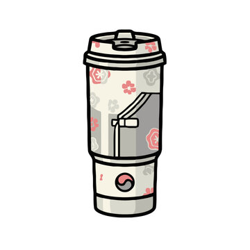 Stylish reusable coffee cup with floral pattern and korean flag symbol on the base
