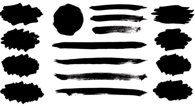 Black paint brush strokes and shapes isolated on white background