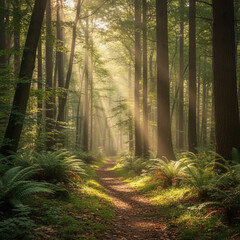 Obraz premium Peaceful Forest Path with Sunbeams