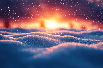 Snow-covered landscape under a bright orange sky.