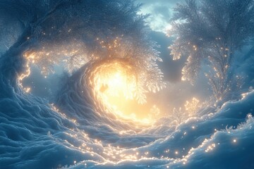 Snow-covered tunnel illuminated by lights.