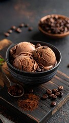 Dark chocolate ice cream and chocolate chip cookies with a coffee pairing is a delicious sweet dessert closeup