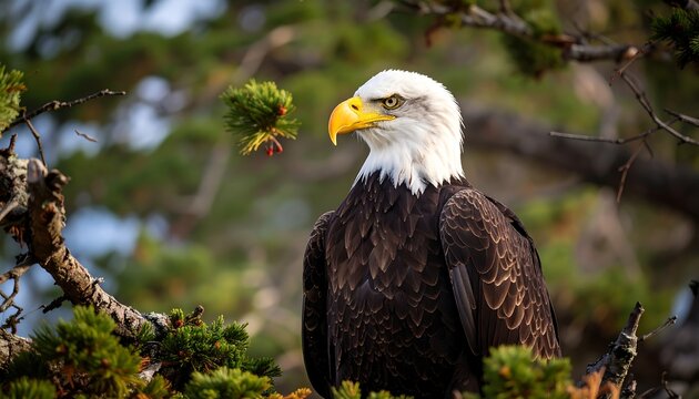 Majestic bald eagle perched on a branch amidst lush green foliage, head turned in profile