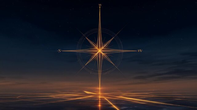 Glowing compass rose illustration against evening sky with light beams