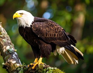 Obraz premium Majestic bald eagle perched on a moss-covered branch, its gaze intense against a softly blurred green background