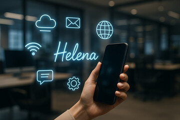The Smart Connect: A hand holding a sleek smartphone with a holographic digital overlay of network icons in modern office setting