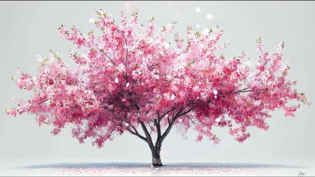 Blossoming cherry tree with vibrant pink flowers against a neutral backdrop