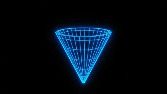 Abstract glowing blue wireframe cone on black background