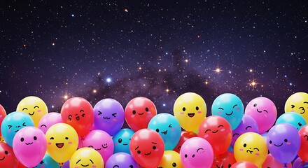 Colorful smiling balloons against starry background for celebration concept