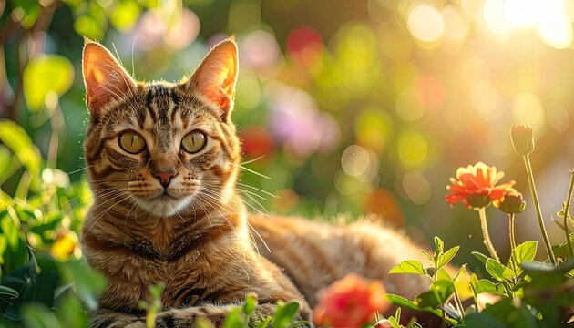 “Tabby cat standing in wildflower meadow at golden hour, dramatic clouds and sun rays over forested hills—evoking solitude and natural wonder.”