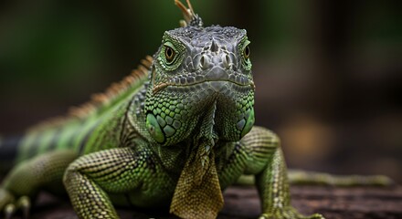 Obraz premium Close up portrait of a vibrant green iguana against a blurred background