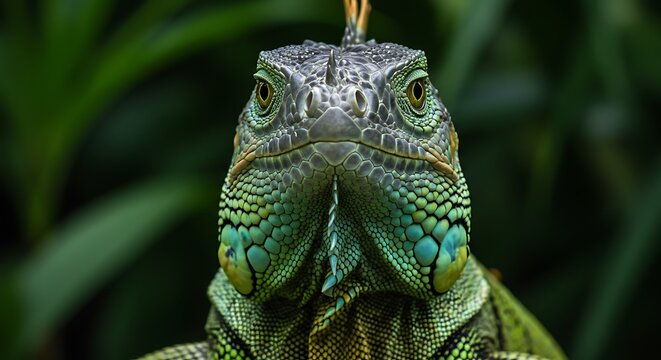 Close up portrait of a vibrant green iguana reptile against leafy background