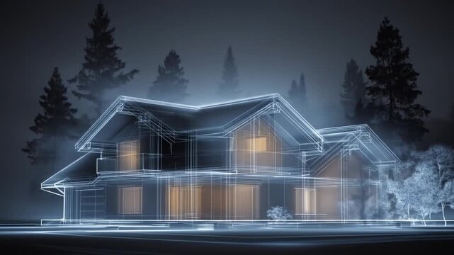 Architectural blueprint of a house in a serene forest setting at night
