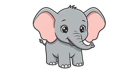 Cartoon Elephant Standing with Big Ears and Smiling Face