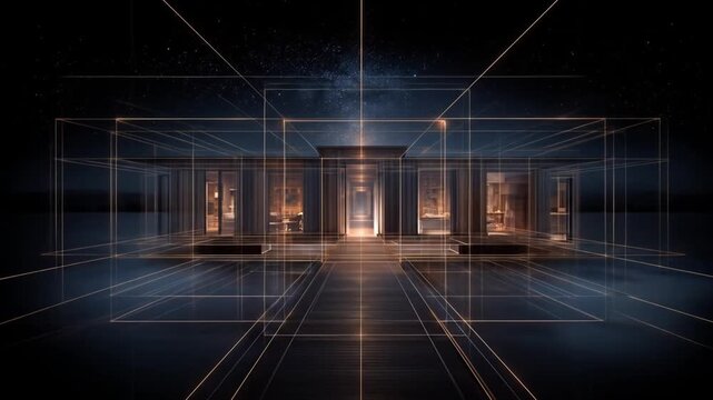 Architectural visualization of futuristic structure illuminated against dark background