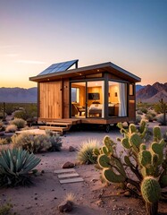 Modern, minimalist tiny home on wheels nestled in a desert landscape at sunset