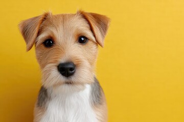 Close Up Portrait of Adorable Dog with Brown White and Black Fur on Yellow Background