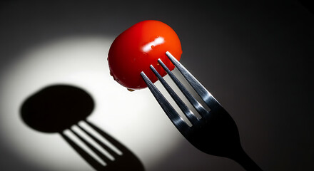 Single Red Cherry Tomato Punctured and Balanced on a Silver Fork with Dramatic Shadow and Spotlight Effect