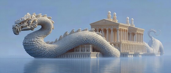 Surreal illustration of a classical temple entwined with a massive sea serpent, floating on calm blue water.