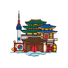 Naklejka premium Stylized korean landmarks including n seoul tower and traditional korean architecture, with drums and taegeuk symbol