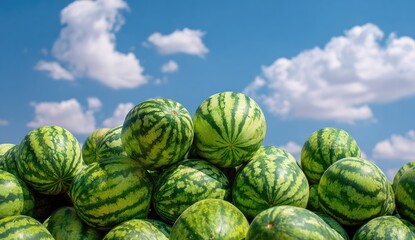 Obraz premium A large pile of ripe watermelons sits against a vibrant blue sky dotted with fluffy white clouds (1)
