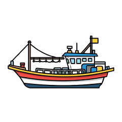 Obraz premium Colorful fishing trawler boat with blue cabin and red and hull sails on the water, equipped with fishing gear and yellow flag, representing maritime industry and livelihood