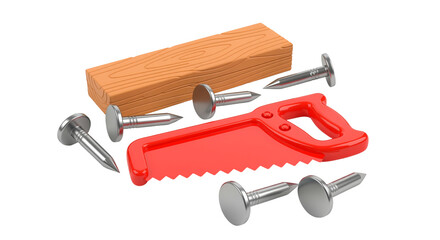 Tools, red saw, nails, and lumber piece