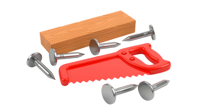 Tools, red saw, nails, and lumber piece