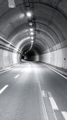 Monochromatic view down a long, curving roadway tunnel