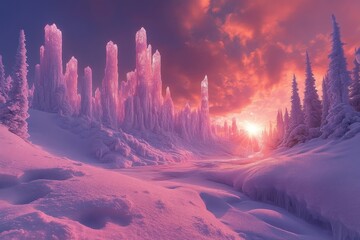 Sunset illuminating snowy landscape with trees.