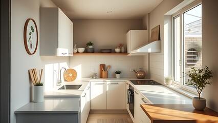 Fototapeta premium Minimalist small kitchen with clean surfaces and simple decor, creating a cozy atmosphere.