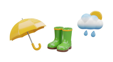 Umbrella, boots, cloud with raindrops and sun