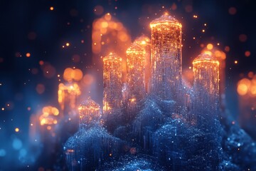 Glowing city lights illuminate the night.