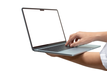 Side view of hands using modern laptop with customizable blank screen. Isolated on transparent PNG. Concept for technology, business, finance and advertising.	