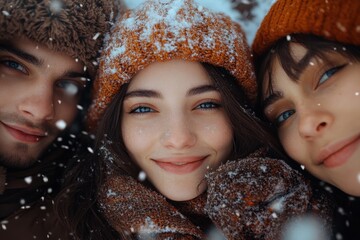 people in winter clothing, smiling, the other looking at the camera.